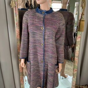 VTG BONNIE CASHIN SILLS Tweed Pink Blue Wool Leather Trim Jacket Sz 10 B 38